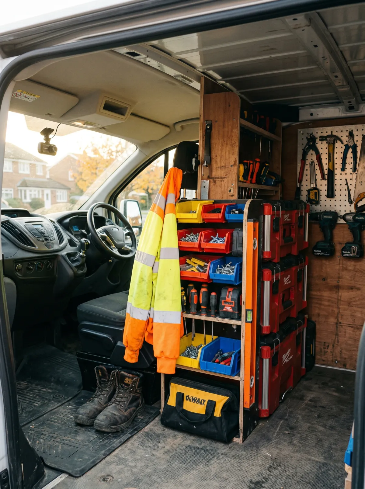 Trade gear and tools in a UK work van